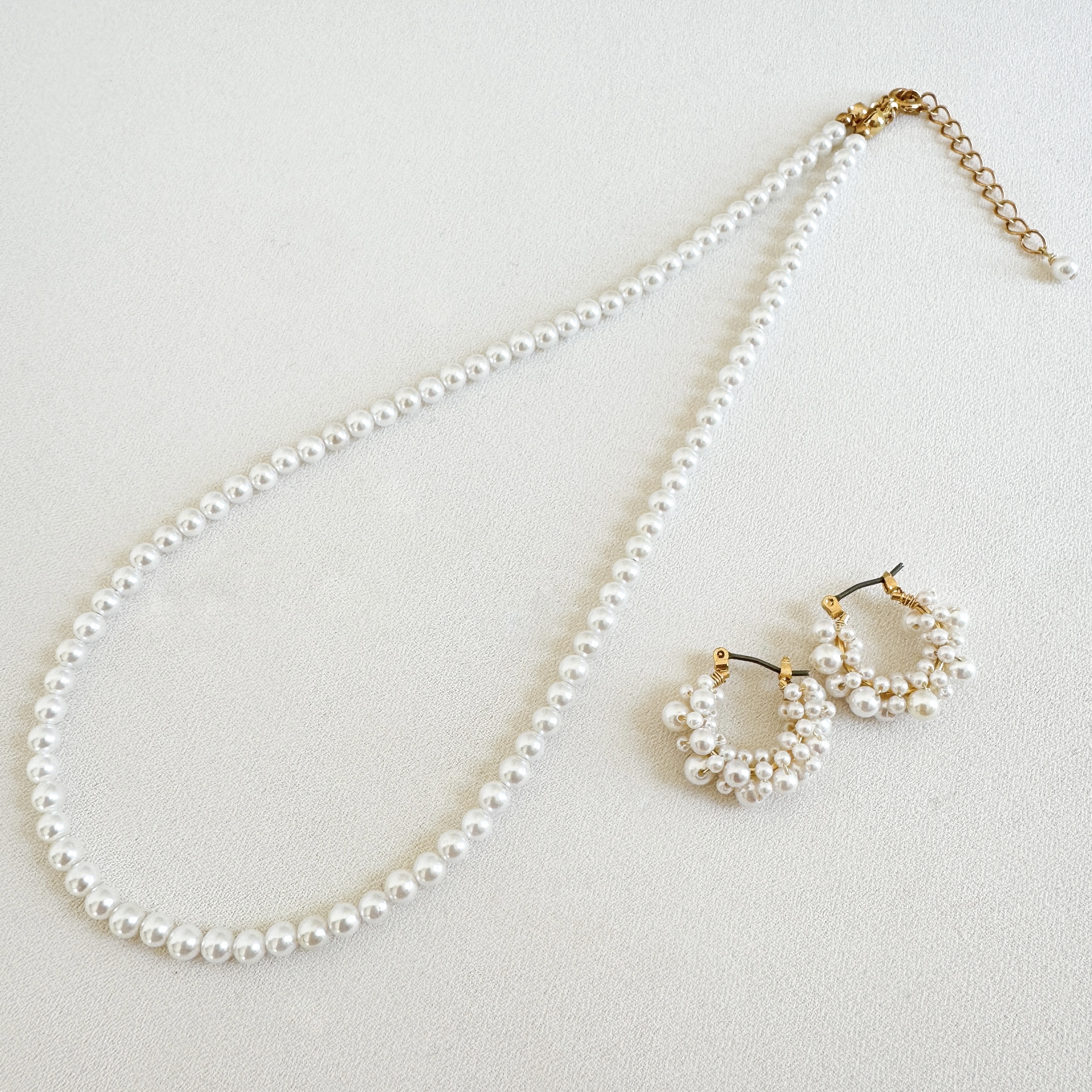 【国産貝パール】フープピアス/イヤリング＆ネックレス40cm〈ゴールド〉